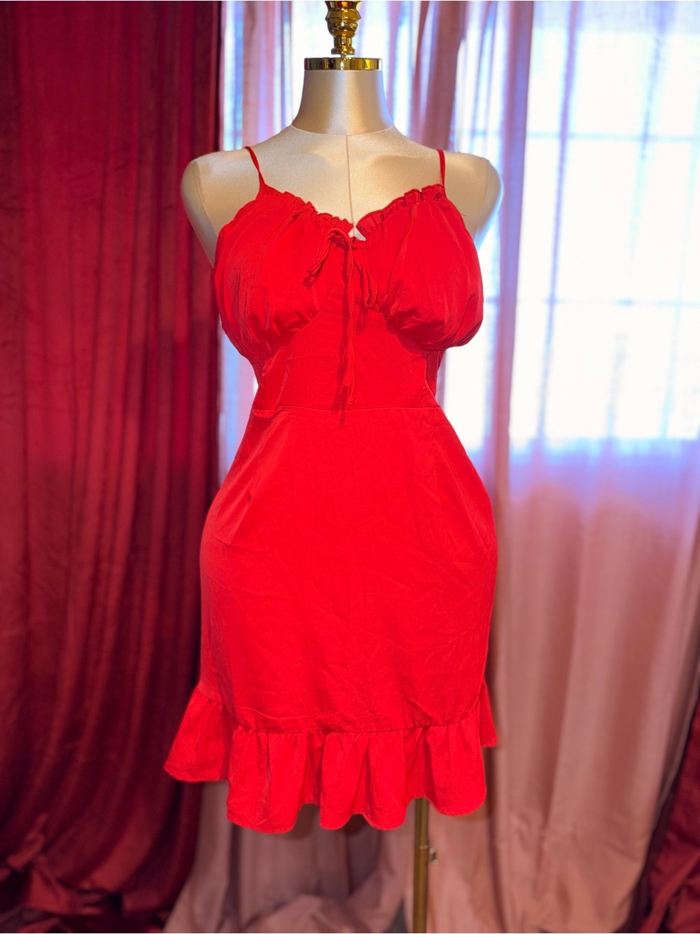 Source Unknown Red Midi Dress with Ruffle Hem